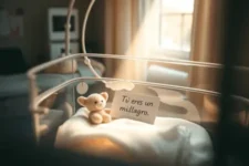 Palabras de Aliento para un Bebé Prematuro: Imagen de una cuna hospitalaria con un osito de peluche y una nota que dice “Tú eres un milagro”, iluminada con luz suave y cálida.