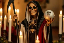 Quién es la Santa Muerte y cómo puede ayudar con la salud: Una figura de la Santa Muerte rodeada de velas encendidas y flores blancas, mostrando un ambiente místico y solemne.