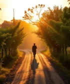 Reflexión Sobre La Fe y La Confianza en Dios: Imagen de una persona caminando al atardecer por un sendero rodeado de árboles, simbolizando el viaje de la fe y la esperanza.