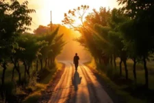 Reflexión Sobre La Fe y La Confianza en Dios: Imagen de una persona caminando al atardecer por un sendero rodeado de árboles, simbolizando el viaje de la fe y la esperanza.