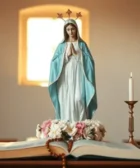 Reflexión Sobre La Intercesión de la Virgen Milagrosa: Una imagen de la Virgen con manto azul sobre un altar con velas y flores, iluminada por una suave luz, simbolizando esperanza y protección.