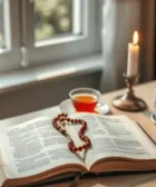 Salmo para Pedir Salud de la Biblia Católica, muestra una Biblia abierta con un rosario sobre ella, acompañada de una vela encendida, una taza de té y una taza de café, con luz natural entrando por una ventana cercana.