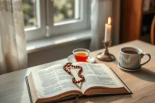 Salmo para Pedir Salud de la Biblia Católica, muestra una Biblia abierta con un rosario sobre ella, acompañada de una vela encendida, una taza de té y una taza de café, con luz natural entrando por una ventana cercana.