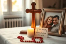 Te Pido por la Salud de Mi Esposo Oraciones Poderosas para Cada Momento: Imagen de una cruz y vela sobre una mesa, junto a un rosario rojo y una foto de pareja con una nota de amor y fe.