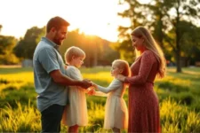 Dios te pido por la salud de mi familia, muestra a una familia con dos niños y dos adultos tomados de la mano en un campo, con luz cálida del atardecer creando un ambiente sereno.