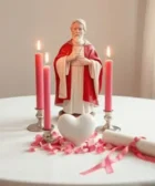 Oración a San Cipriano para la Reconciliación de Pareja: Un altar con la estatua de San Cipriano rodeada de tres velas rosas encendidas, un corazón blanco y cintas rosadas decorativas sobre un mantel blanco.