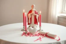 Oración a San Cipriano para la Reconciliación de Pareja: Un altar con la estatua de San Cipriano rodeada de tres velas rosas encendidas, un corazón blanco y cintas rosadas decorativas sobre un mantel blanco.