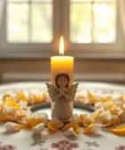 Oración de Sanación para un Nieto: Una vela encendida con un pequeño ángel decorativo en el centro, rodeada de pétalos amarillos y blancos sobre una mesa con bordados florales, iluminada por la luz natural.