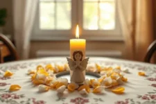 Oración de Sanación para un Nieto: Una vela encendida con un pequeño ángel decorativo en el centro, rodeada de pétalos amarillos y blancos sobre una mesa con bordados florales, iluminada por la luz natural.