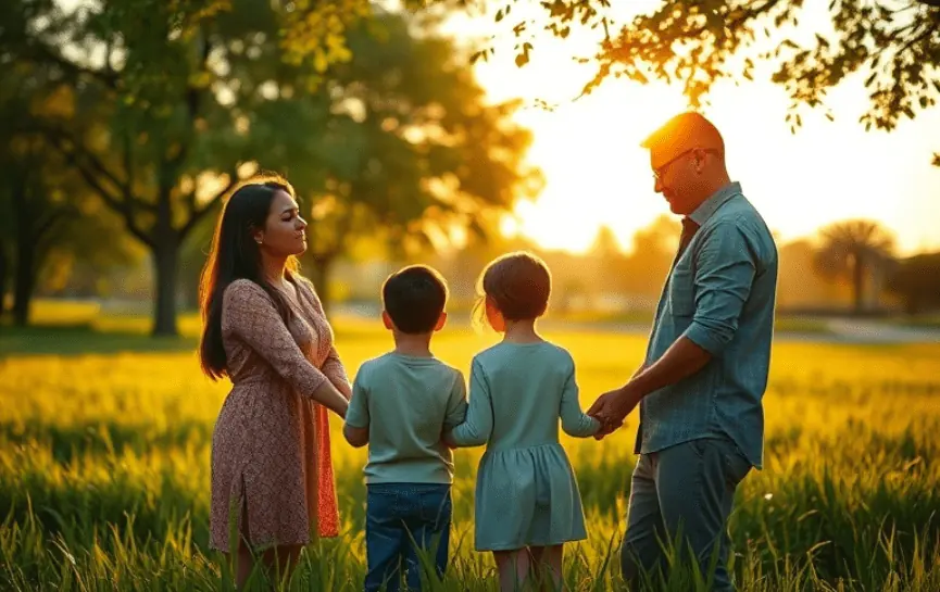 Oración para pedir salud para mi familia, muestra a una familia con dos niños y dos adultos tomados de la mano en un campo iluminado por el atardecer.